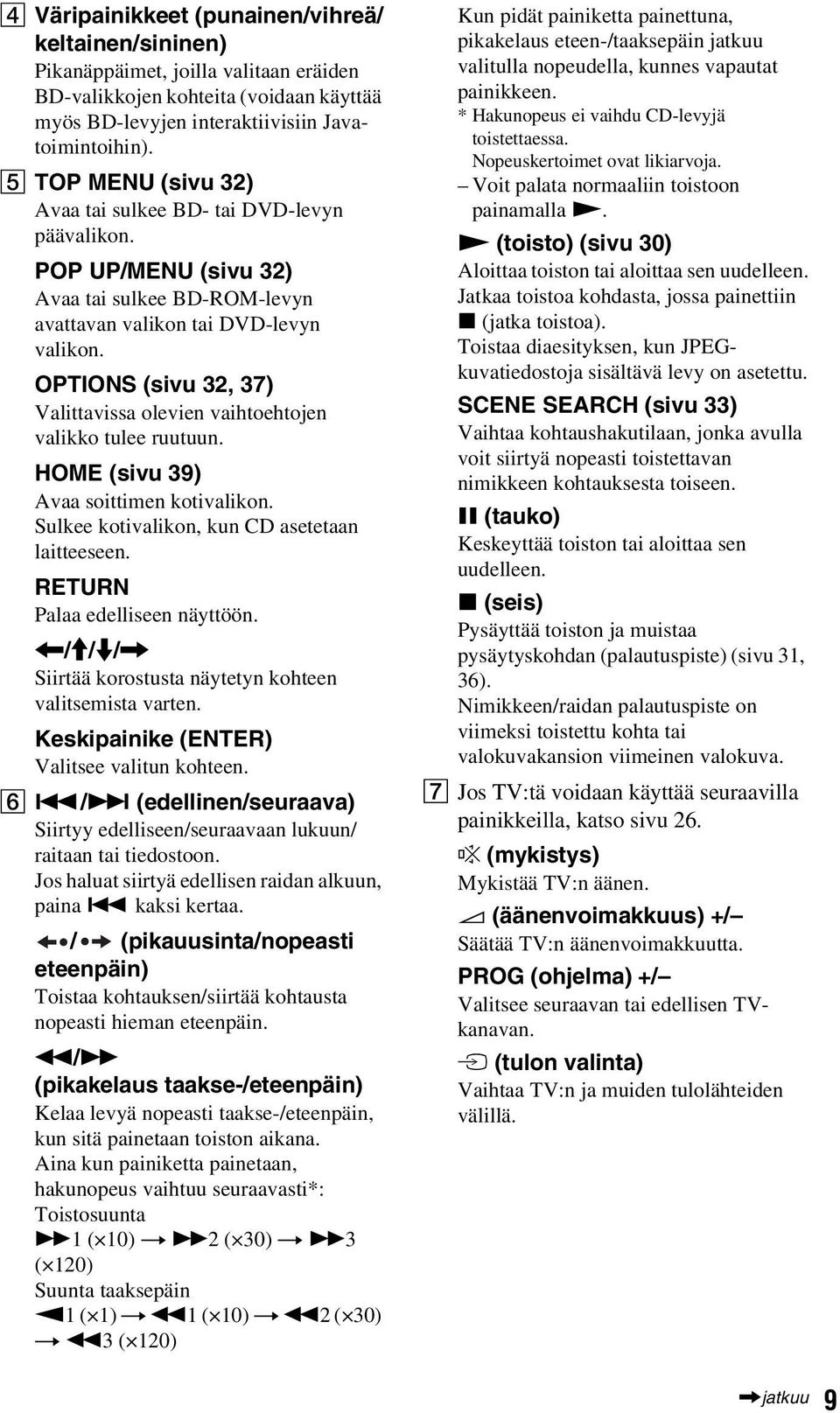 OPTIONS (sivu 32, 37) Valittavissa olevien vaihtoehtojen valikko tulee ruutuun. HOME (sivu 39) Avaa soittimen kotivalikon. Sulkee kotivalikon, kun CD asetetaan laitteeseen.