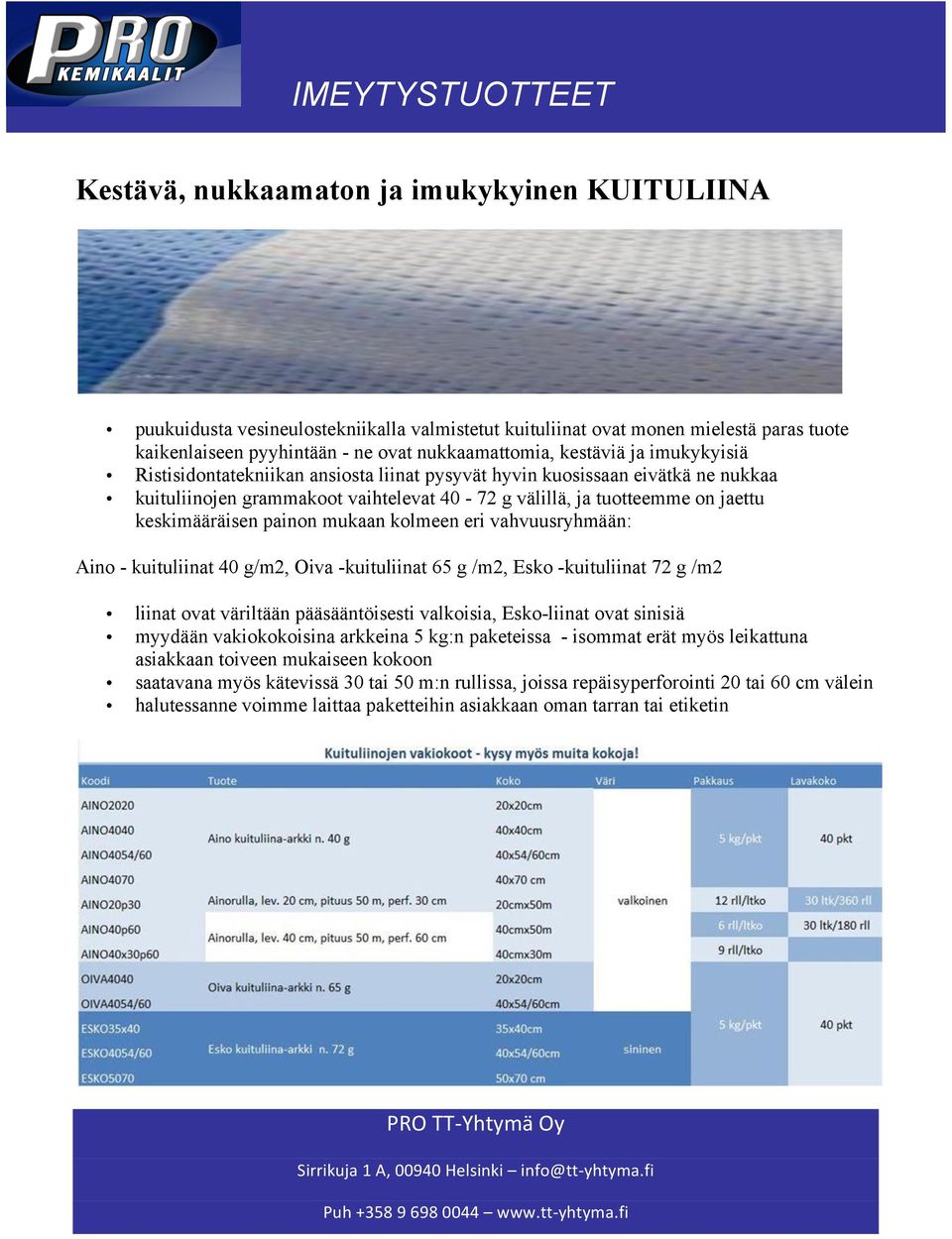 kolmeen eri vahvuusryhmään: Aino - kuituliinat 40 g/m2, Oiva -kuituliinat 65 g /m2, Esko -kuituliinat 72 g /m2 liinat ovat väriltään pääsääntöisesti valkoisia, Esko-liinat ovat sinisiä myydään