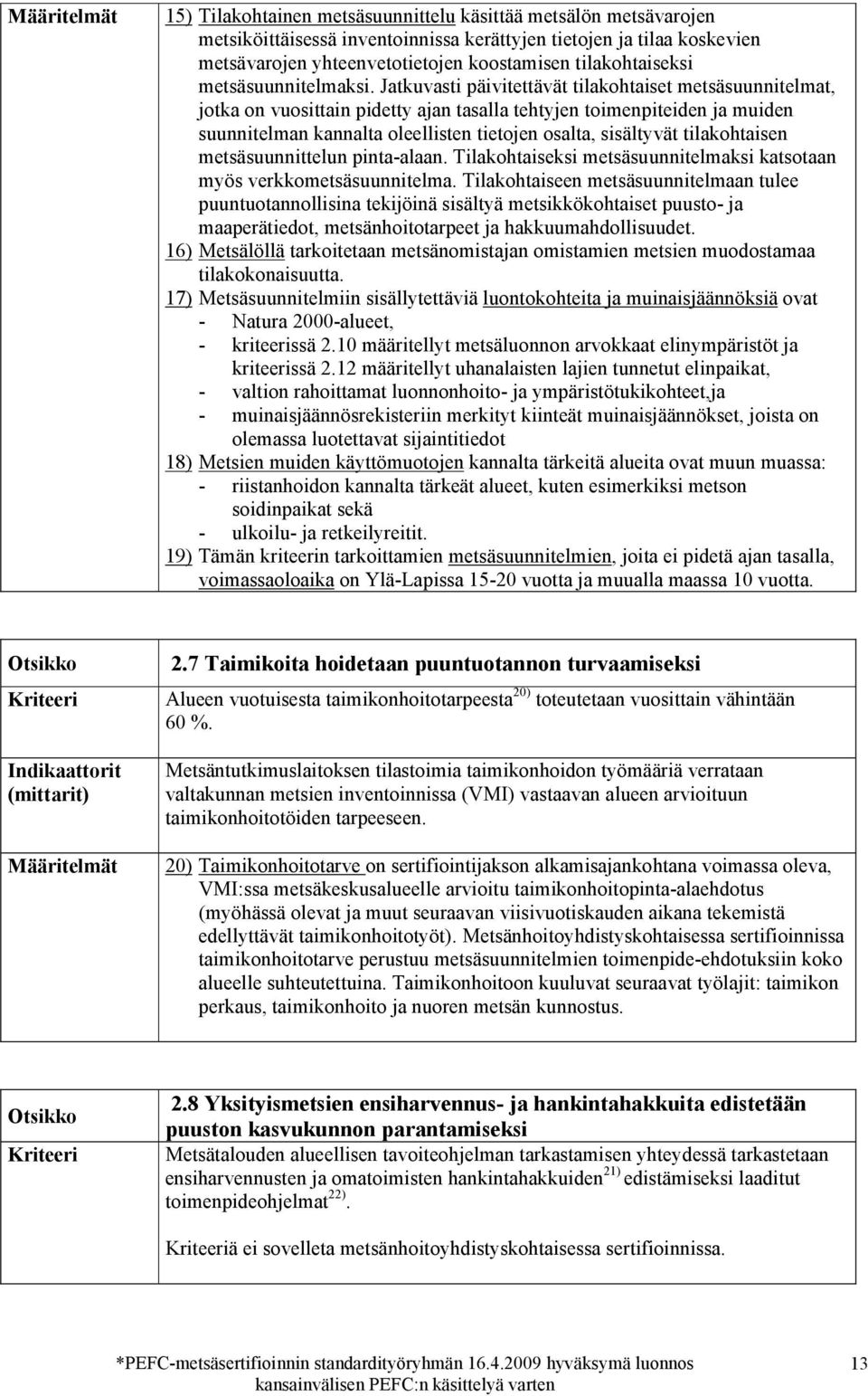 Jatkuvasti päivitettävät tilakohtaiset metsäsuunnitelmat, jotka on vuosittain pidetty ajan tasalla tehtyjen toimenpiteiden ja muiden suunnitelman kannalta oleellisten tietojen osalta, sisältyvät