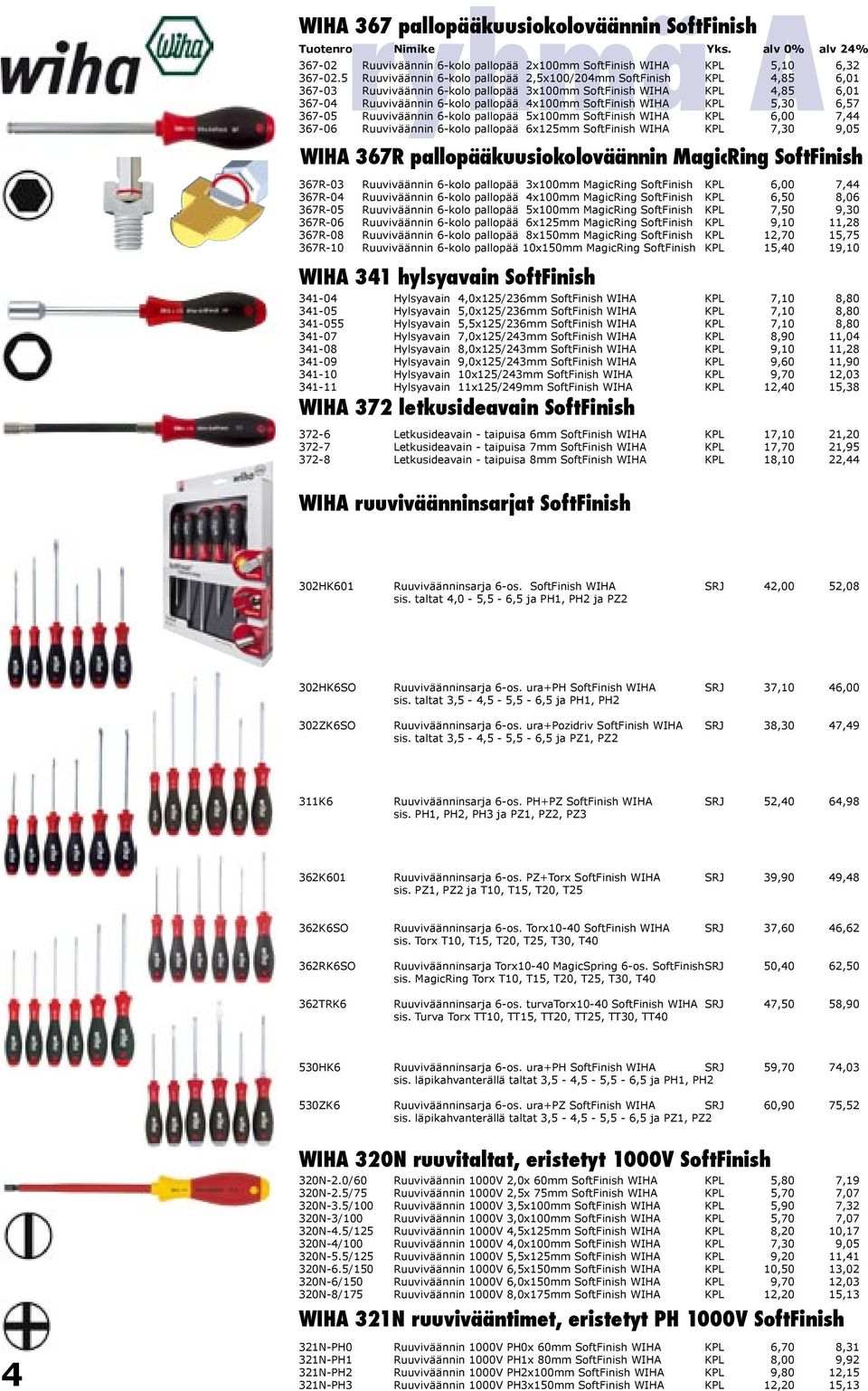 WIHA KPL 5,30 6,57 367-05 Ruuviväännin 6-kolo pallopää 5x100mm SoftFinish WIHA KPL 6,00 7,44 367-06 Ruuviväännin 6-kolo pallopää 6x125mm SoftFinish WIHA KPL 7,30 9,05 WIHA 367R