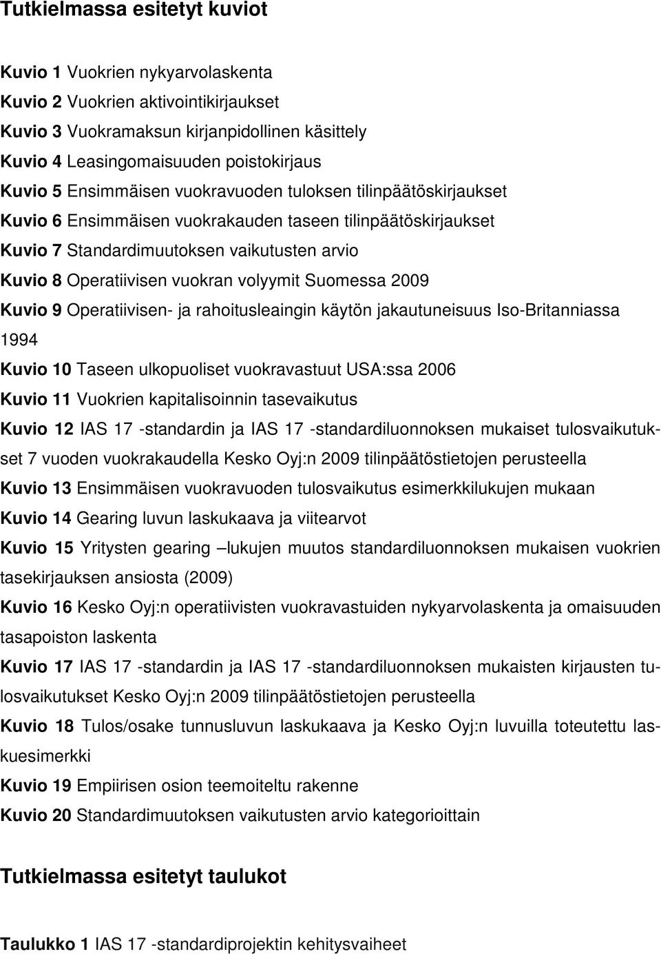 volyymit Suomessa 2009 Kuvio 9 Operatiivisen- ja rahoitusleaingin käytön jakautuneisuus Iso-Britanniassa 1994 Kuvio 10 Taseen ulkopuoliset vuokravastuut USA:ssa 2006 Kuvio 11 Vuokrien kapitalisoinnin