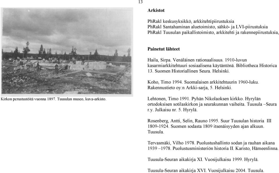 Suomalaisen arkkitehtuurin 1960-luku. Rakennustieto oy:n Arkki-sarja, 5. Helsinki. Kirkon perustustöitä vuonna 1897. Tuusulan museo, kuva-arkisto. Lehtonen, Timo 1991. Pyhän Nikolaoksen kirkko.