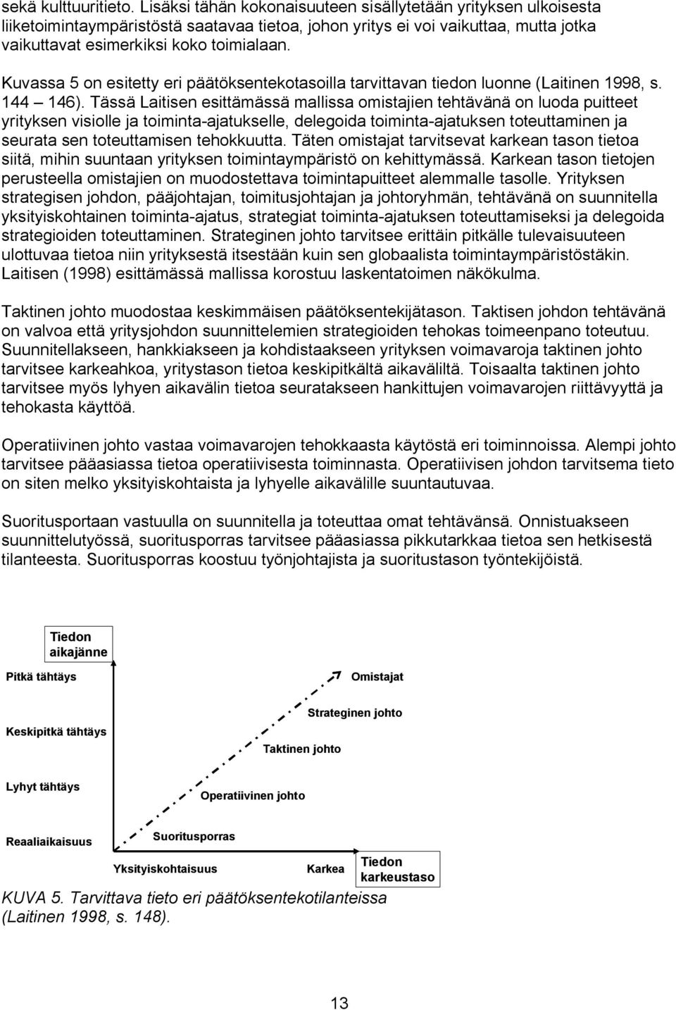 Kuvassa 5 on esitetty eri päätöksentekotasoilla tarvittavan tiedon luonne (Laitinen 1998, s. 144 146).