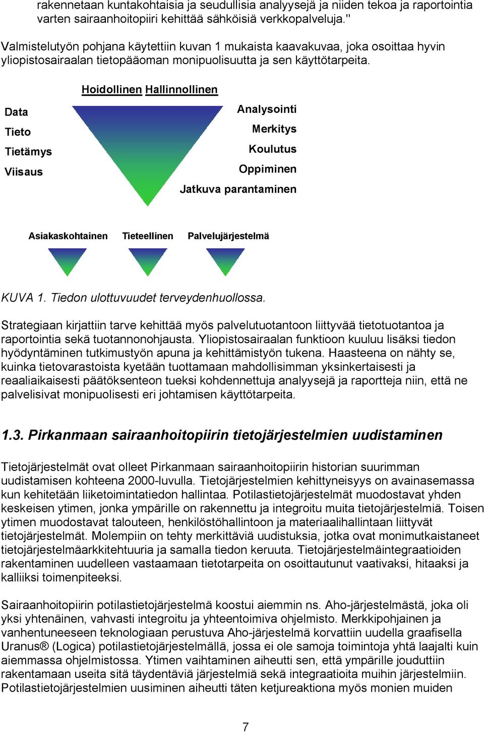 Data Tieto Tietämys Viisaus Hoidollinen Hallinnollinen Analysointi Merkitys Koulutus Oppiminen Jatkuva parantaminen Asiakaskohtainen Tieteellinen Palvelujärjestelmä KUVA 1.