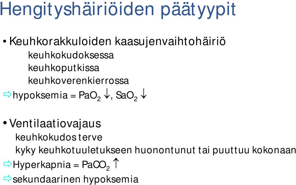 2, SaO 2 Ventilaatiovajaus keuhkokudos terve kyky keuhkotuuletukseen