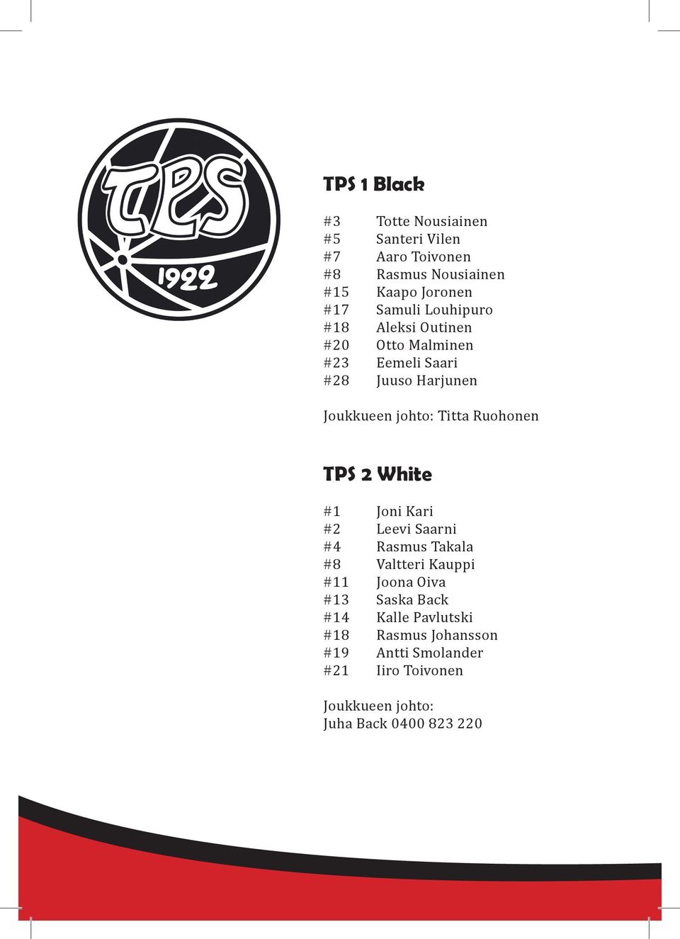 Ruohonen TPS 2 White #1 Joni Kari #2 Leevi Saarni #4 Rasmus Takala #8 Valtteri Kauppi #11 Joona Oiva #13 Saska