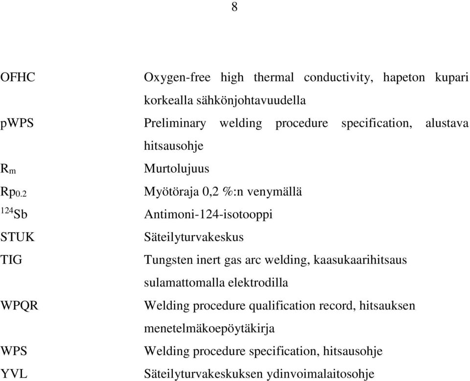 2 Murtolujuus Myötöraja 0,2 %:n venymällä 124 Sb Antimoni-124-isotooppi STUK TIG WPQR WPS YVL Säteilyturvakeskus Tungsten inert