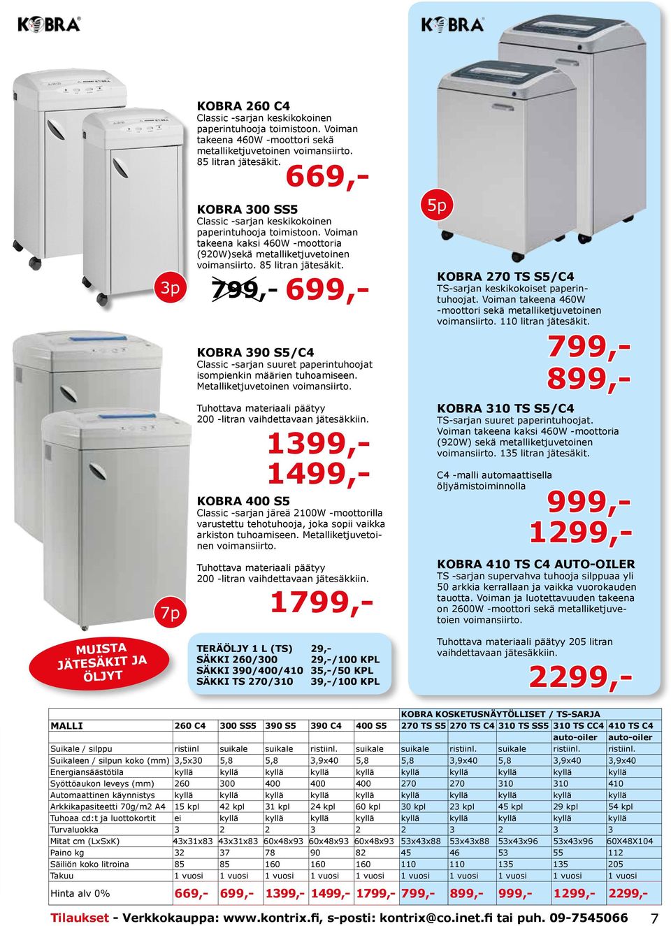 2299,- 799,- KOBRA 390 S5/C4 Classic -sarjan suuret paperintuhoojat isompienkin määrien tuhoamiseen. Metalliketjuvetoinen voimansiirto.