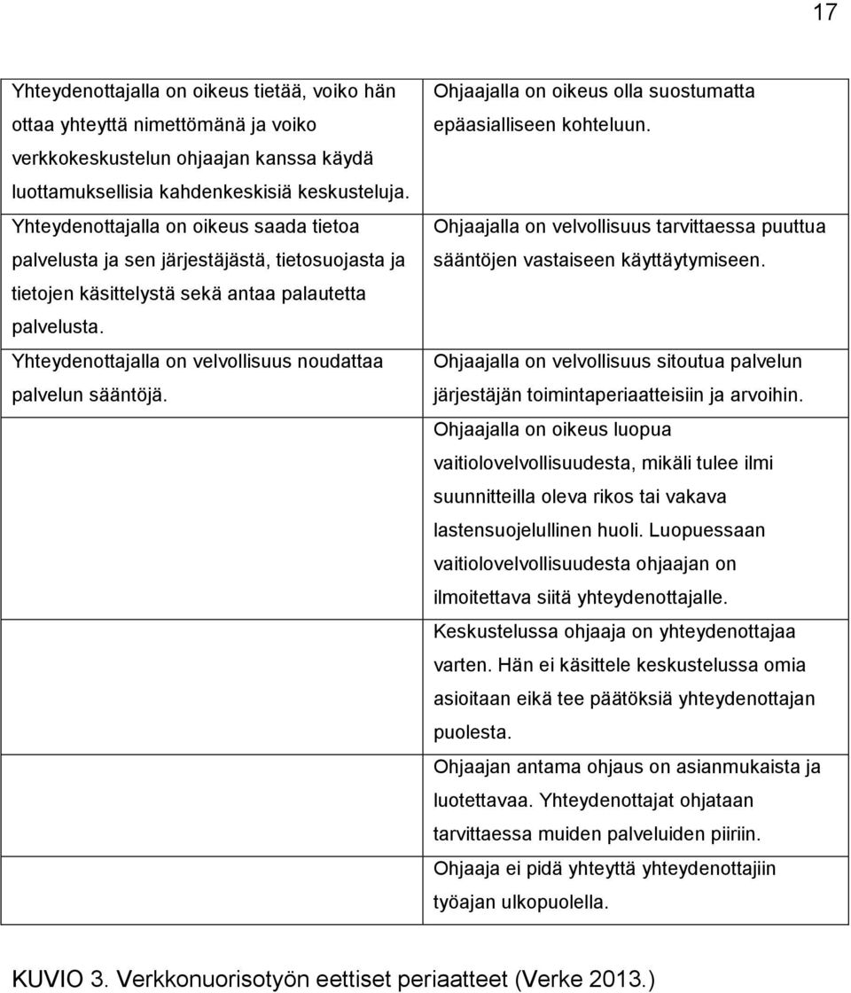 Yhteydenottajalla on velvollisuus noudattaa palvelun sääntöjä. Ohjaajalla on oikeus olla suostumatta epäasialliseen kohteluun.