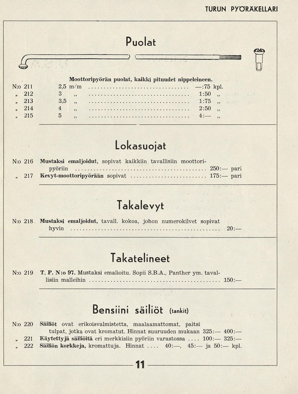 Mustaksi emaljoidut, tavall. kokoa, johon numerokilvet sopivat hyvin 20: Takatelineet N:o 219 T. P. N:o 97. Mustaksi emalioitu. Sopii 5.8.A., Panther ym.