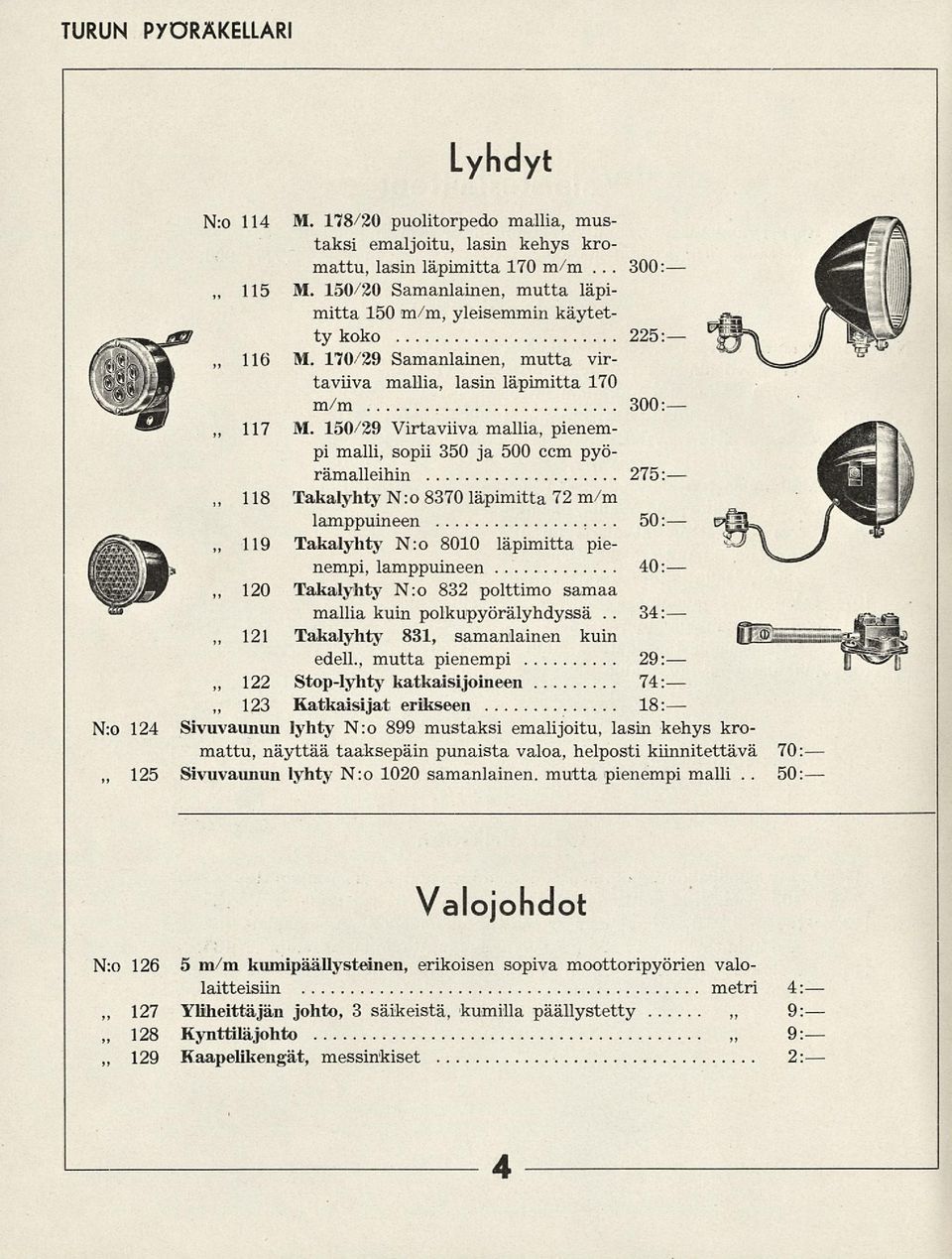 150/29 Virtaviiva mallia, pienempi malli, sopii 350 ja 500 ccm pyö- rämalleihin 275: 118 Takalyhty N: o 8370 läpimitta 72 m/m lamppuineen 50: 119 Takalyhty N:o 8010 läpimitta pienempi, lamppuineen