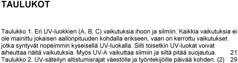 jotka syntyvät nopeimmin kyseisellä UV-luokalla. Silti toisetkin UV-luokat voivat aiheuttaa näitä vaikutuksia.