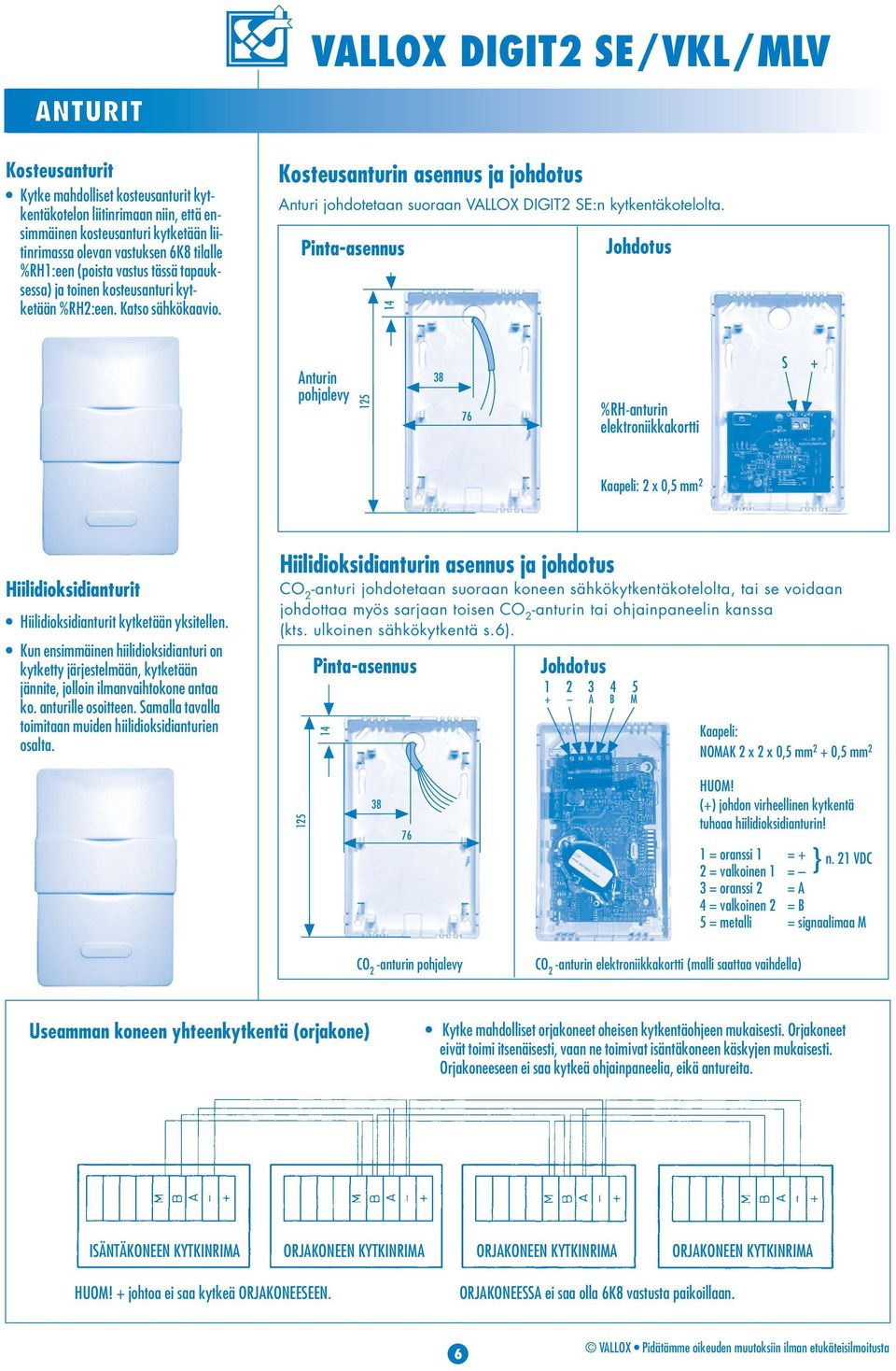 Pinta-asennus Johdotus 1 Anturin pohjalevy 125 8 76 %RH-anturin elektroniikkakortti S + Kaapeli: 2 x,5 mm 2 Hiilidioksidianturit Hiilidioksidianturit kytketään yksitellen.