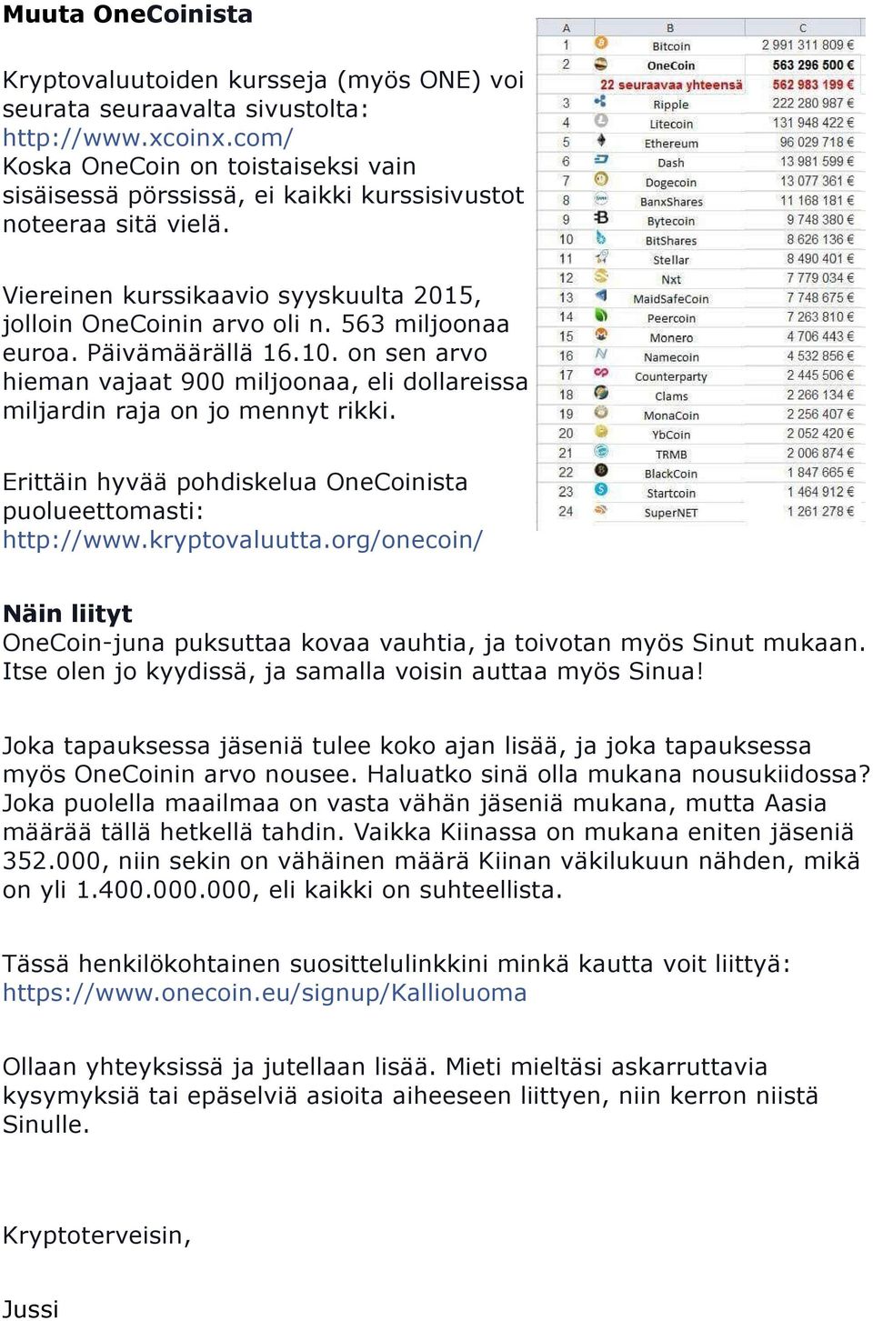 Päivämäärällä 16.10. on sen arvo hieman vajaat 900 miljoonaa, eli dollareissa miljardin raja on jo mennyt rikki. Erittäin hyvää pohdiskelua OneCoinista puolueettomasti: http://www.kryptovaluutta.