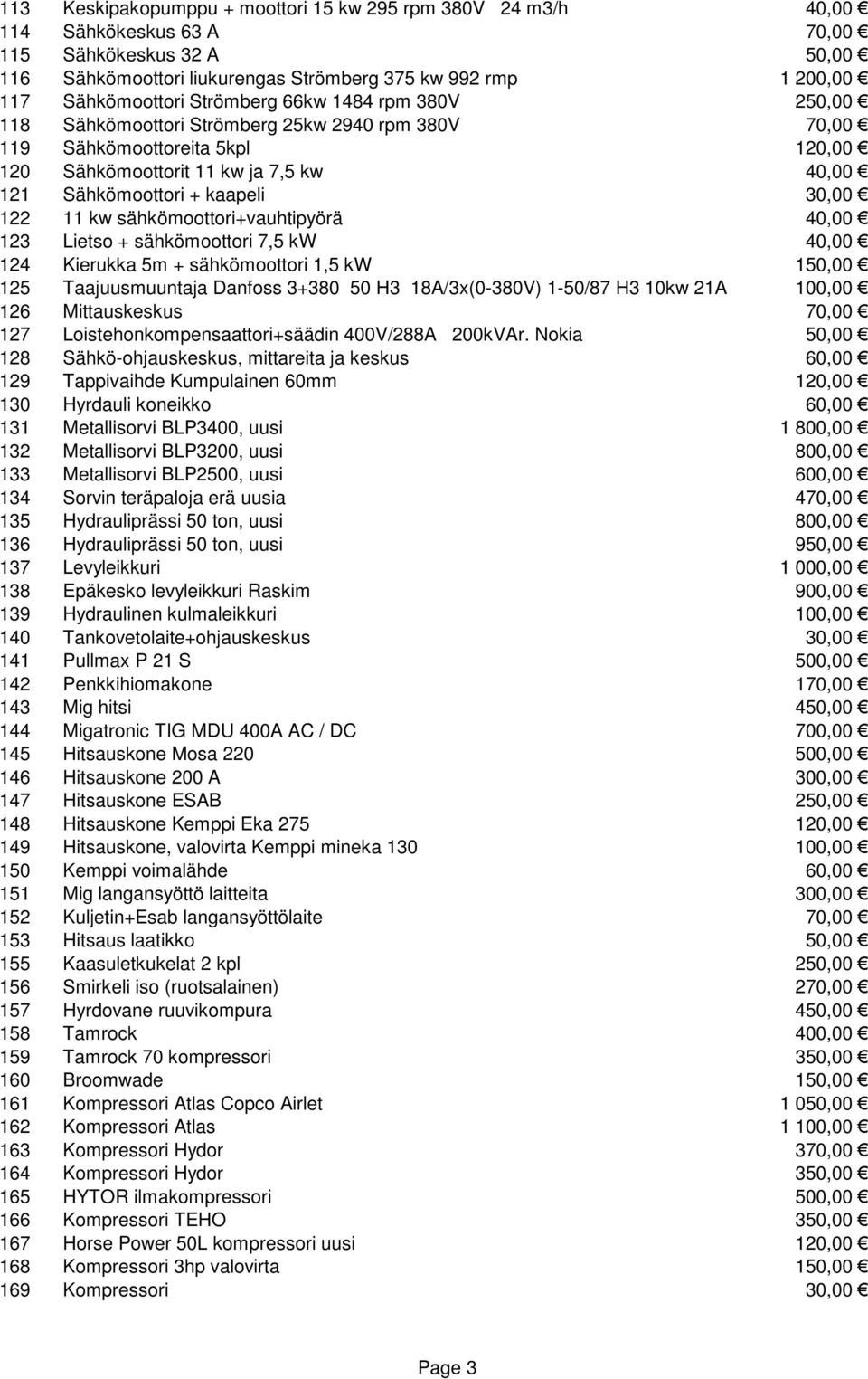 122 11 kw sähkömoottori+vauhtipyörä 40,00 123 Lietso + sähkömoottori 7,5 kw 40,00 124 Kierukka 5m + sähkömoottori 1,5 kw 150,00 125 Taajuusmuuntaja Danfoss 3+380 50 H3 18A/3x(0-380V) 1-50/87 H3 10kw