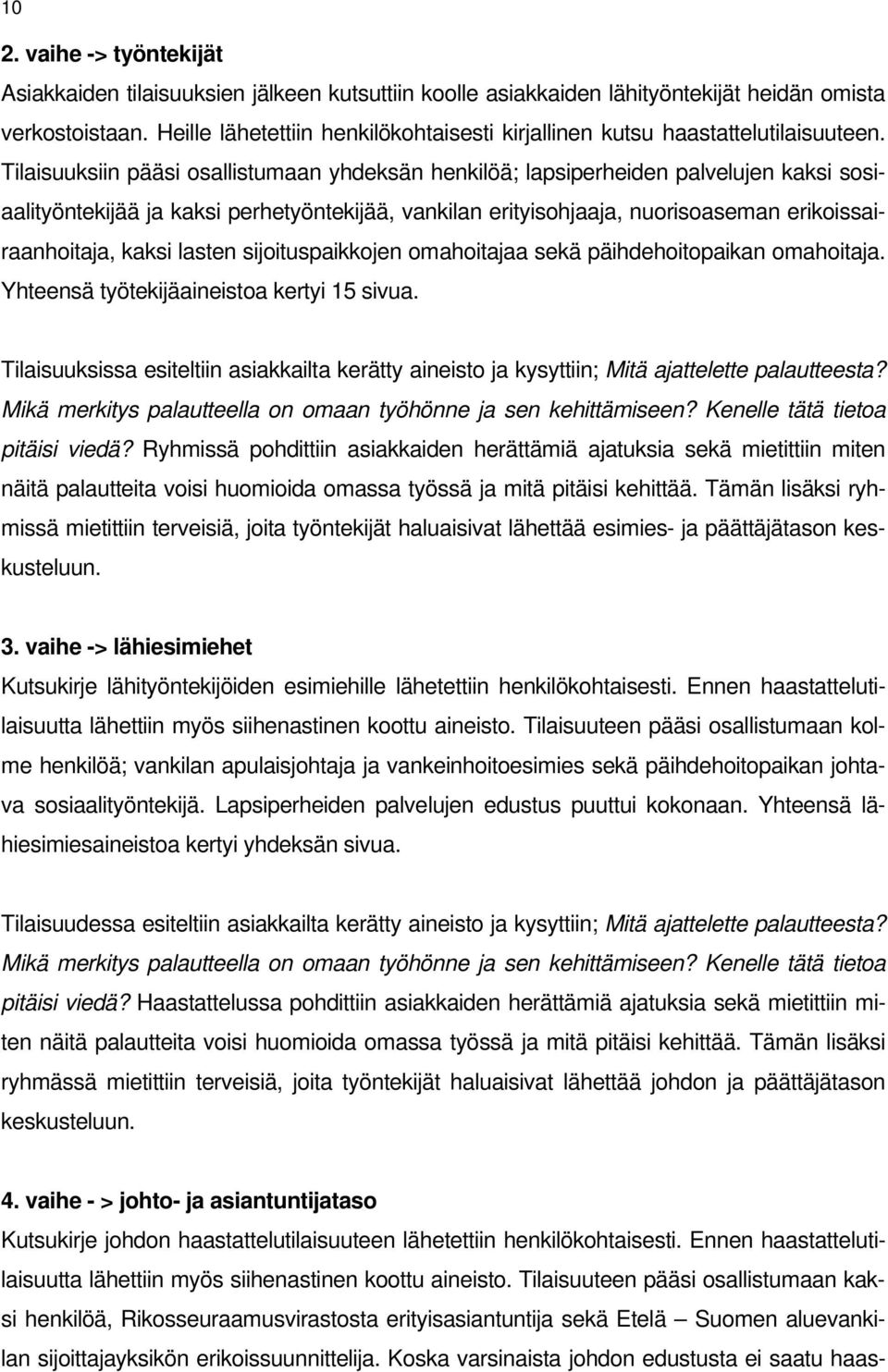 Tilaisuuksiin pääsi osallistumaan yhdeksän henkilöä; lapsiperheiden palvelujen kaksi sosiaalityöntekijää ja kaksi perhetyöntekijää, vankilan erityisohjaaja, nuorisoaseman erikoissairaanhoitaja, kaksi