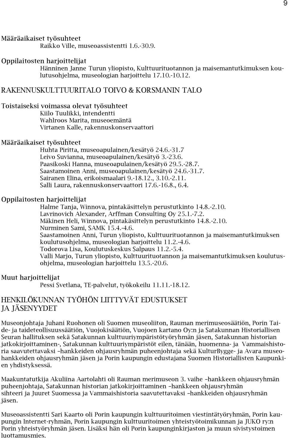 RAKENNUSKULTTUURITALO TOIVO & KORSMANIN TALO Toistaiseksi voimassa olevat työsuhteet Kiilo Tuulikki, intendentti Wahlroos Marita, museoemäntä Virtanen Kalle, rakennuskonservaattori Määräaikaiset