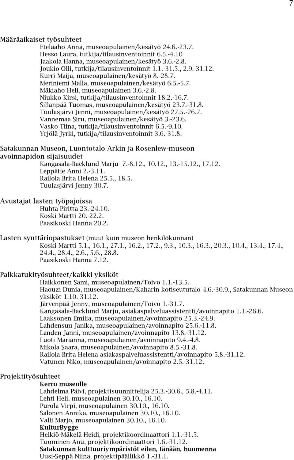 2.-16.7. Sillanpää Tuomas, museoapulainen/kesätyö 23.7.-31.8. Tuulasjärvi Jenni, museoapulainen/kesätyö 27.5.-26.7. Vannemaa Siru, museoapulainen/kesätyö 3.-23.6. Vasko Tiina, tutkija/tilausinventoinnit 6.