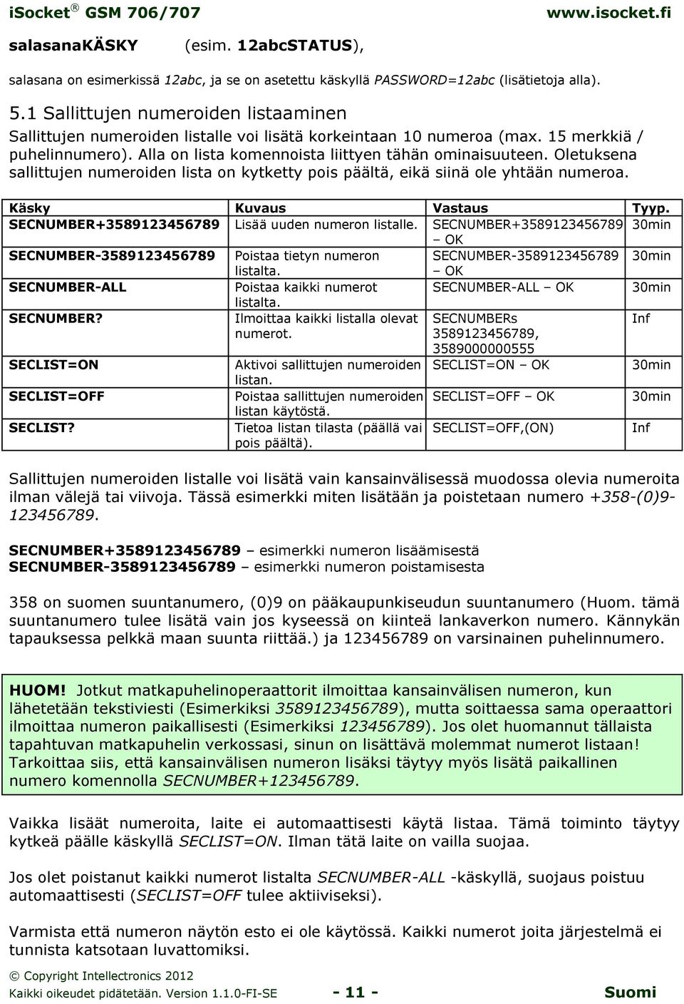 Oletuksena sallittujen numeroiden lista on kytketty pois päältä, eikä siinä ole yhtään numeroa. Käsky Kuvaus Vastaus Tyyp. SECNUMBER+3589123456789 Lisää uuden numeron listalle.