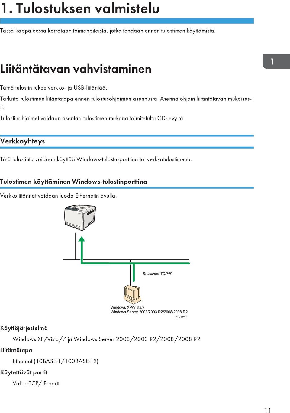 Verkkoyhteys Tätä tulostinta voidaan käyttää Windows-tulostusporttina tai verkkotulostimena. Tulostimen käyttäminen Windows-tulostinporttina Verkkoliitännät voidaan luoda Ethernetin avulla.