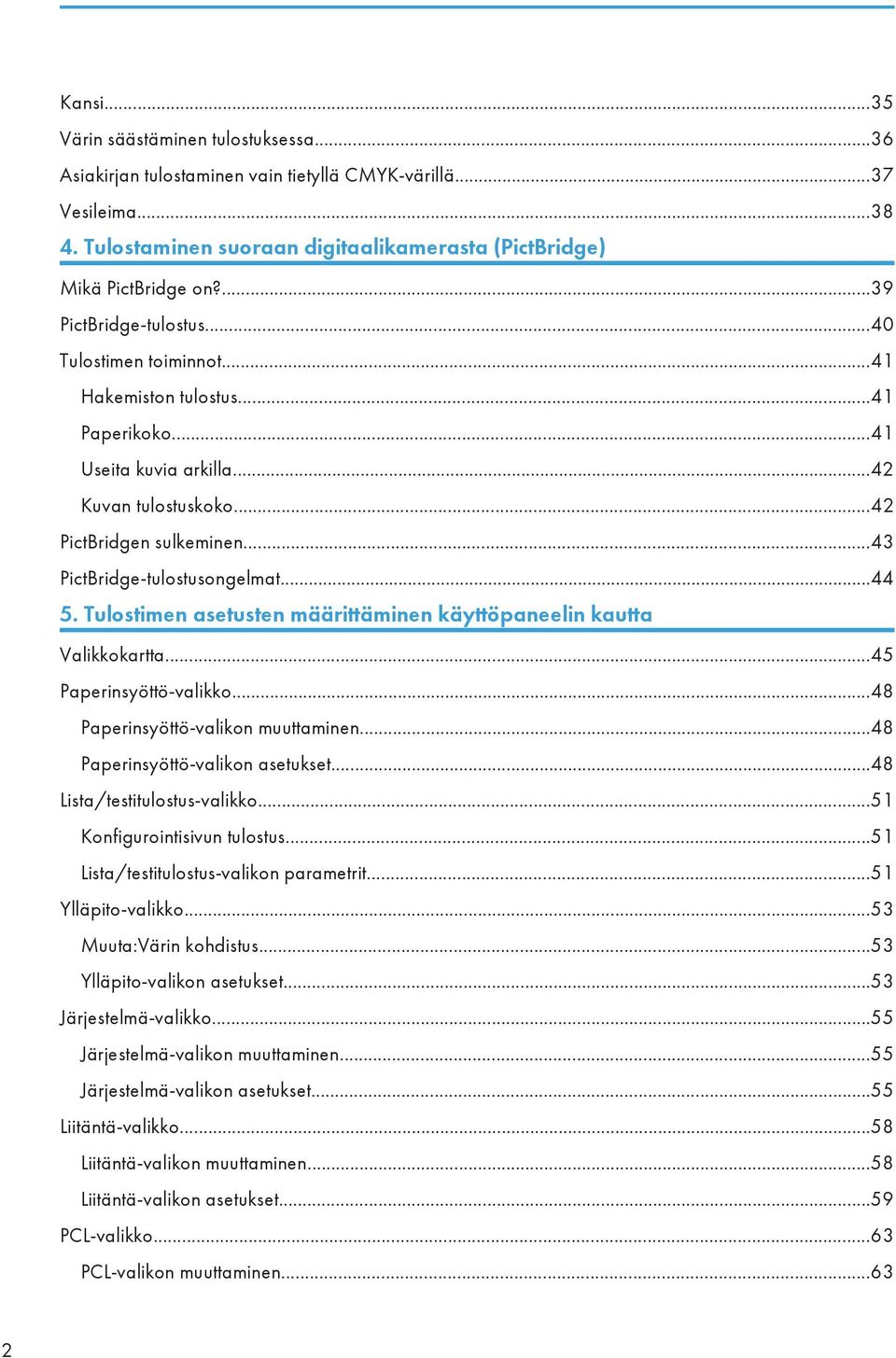 ..43 PictBridge-tulostusongelmat...44 5. Tulostimen asetusten määrittäminen käyttöpaneelin kautta Valikkokartta...45 Paperinsyöttö-valikko...48 Paperinsyöttö-valikon muuttaminen.