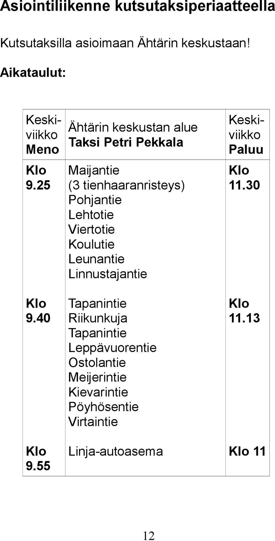 25 Maijantie (3 tienhaaranristeys) Pohjantie Lehtotie Viertotie Koulutie Leunantie Linnustajantie Klo 11.