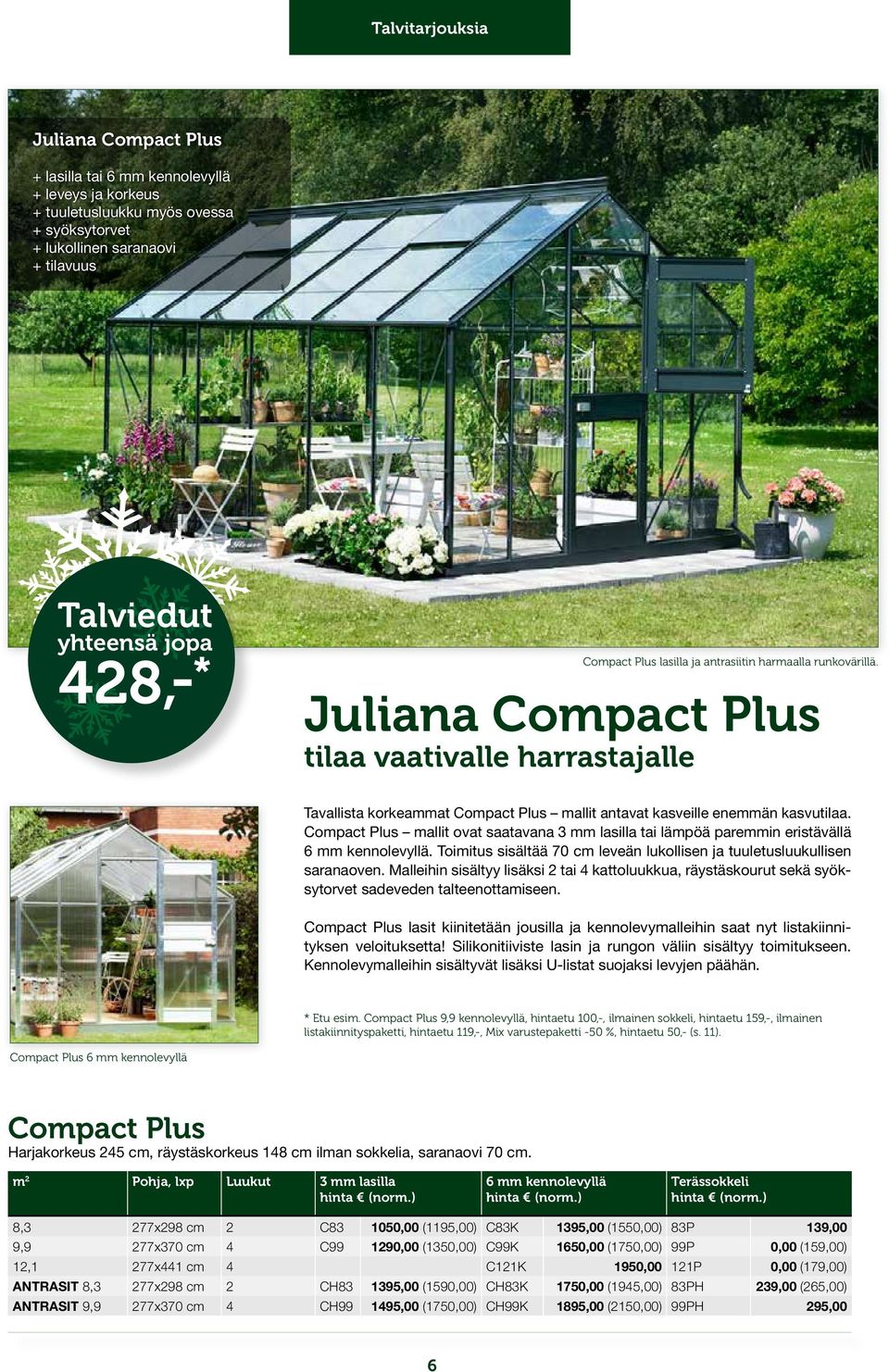 Compact Plus mallit ovat saatavana 3 mm lasilla tai lämpöä paremmin eristävällä 6 mm kennolevyllä. Toimitus sisältää 70 cm leveän lukollisen ja tuuletusluukullisen saranaoven.