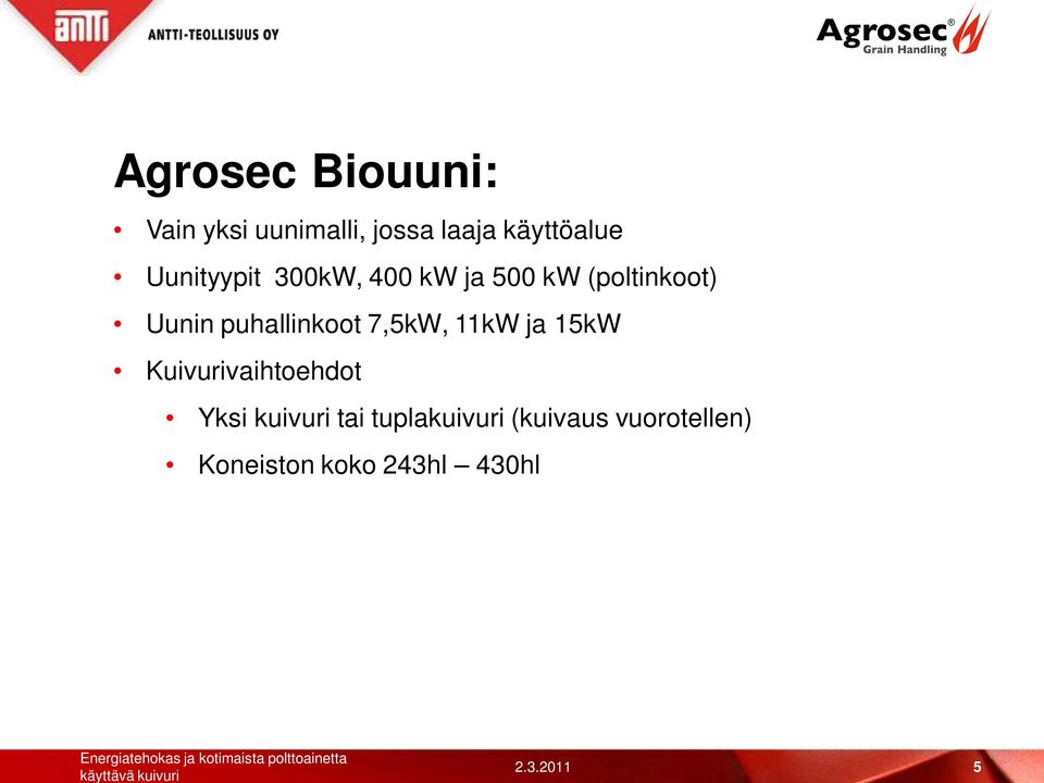 puhallinkoot 7,5kW, 11kW ja 15kW Kuivurivaihtoehdot Yksi