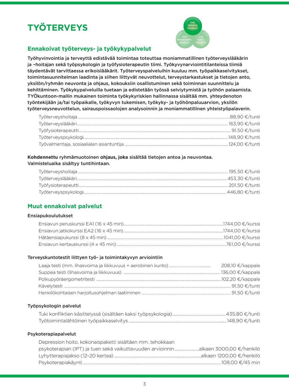 työpaikkaselvitykset, toimintasuunnitelman laadinta ja siihen liittyvät neuvottelut, terveystarkastukset ja tietojen anto, yksilön/ryhmän neuvonta ja ohjaus, kokouksiin osallistuminen sekä toiminnan