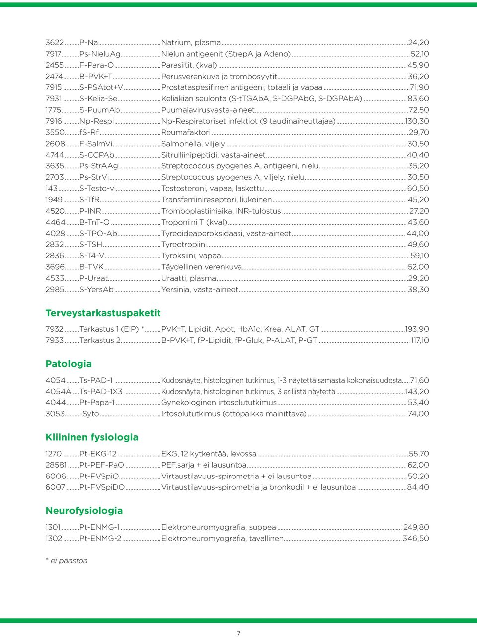 ..Puumalavirusvasta-aineet...72,50 7916...Np-Respi...Np-Respiratoriset infektiot (9 taudinaiheuttajaa)...130,30 3550...fS-Rf...Reumafaktori...29,70 2608...F-SalmVi...Salmonella, viljely...30,50 4744.