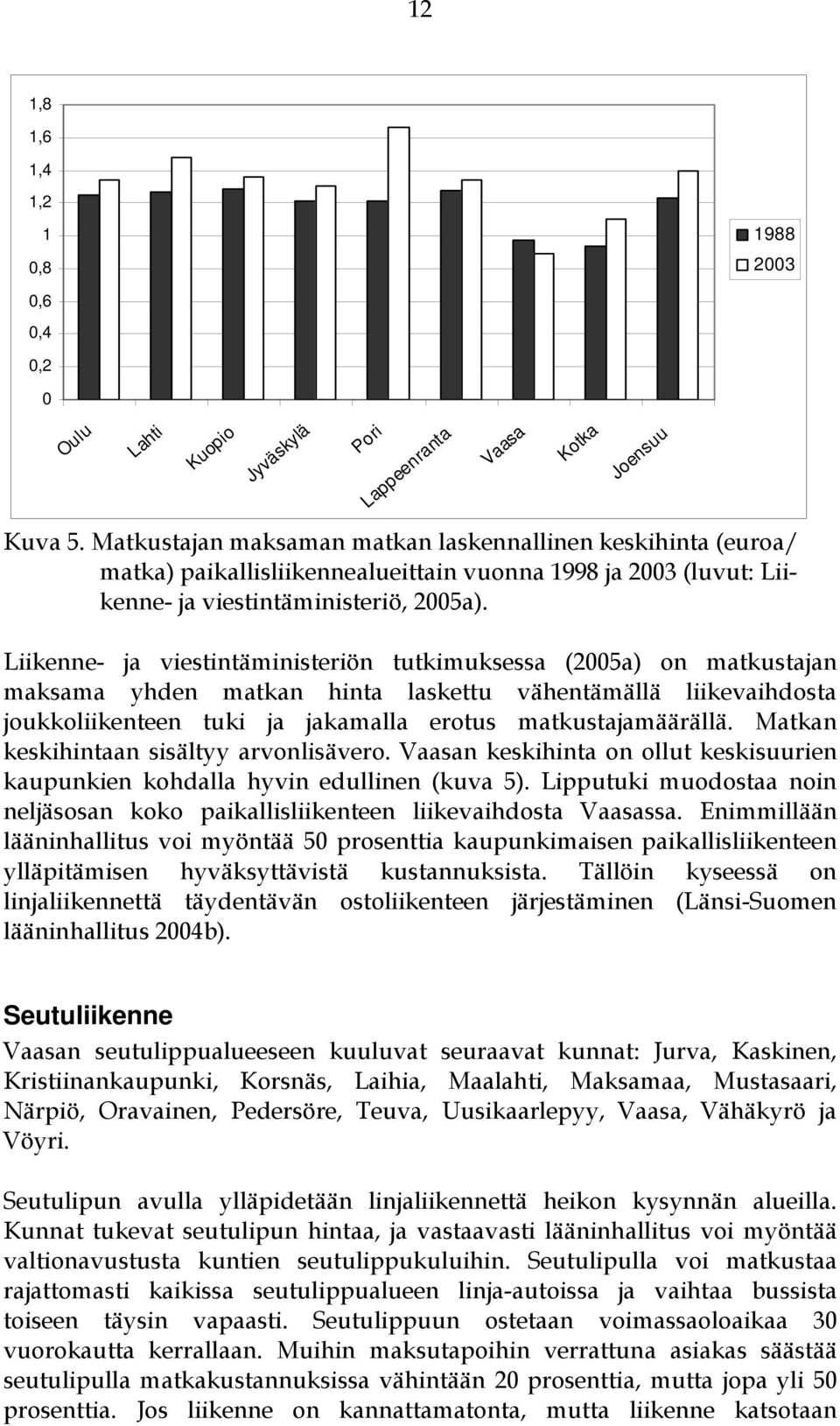 Liikenne- ja viestintäministeriön tutkimuksessa (2005a) on matkustajan maksama yhden mat kan h inta laskettu vähentämällä liikevaihdosta joukkoliikenteen tuki ja jakamalla erotus matkustajamäärällä.