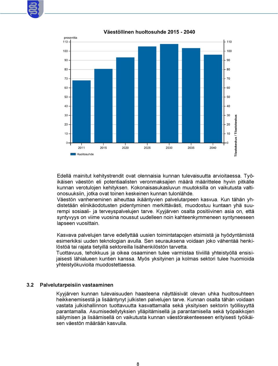 Kun tähän yhdistetään elinikäodotusten pidentyminen merkittävästi, muodostuu kuntaan yhä suurempi sosiaali- ja terveyspalvelujen tarve.