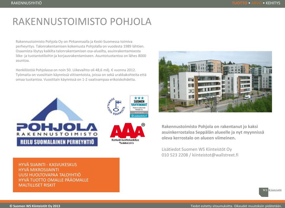Asuntotuotantoa on lähes 8000 asuntoa. Henkilöstöä Pohjolassa on noin 50. Liikevaihto oli 48,6 milj. vuonna 2012.