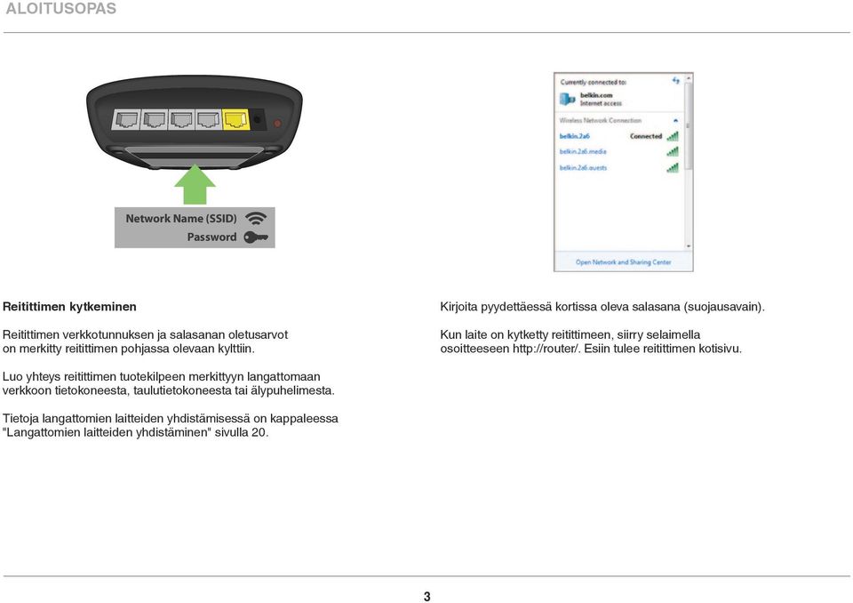 Kun laite on kytketty reitittimeen, siirry selaimella osoitteeseen http://router/. Esiin tulee reitittimen kotisivu.