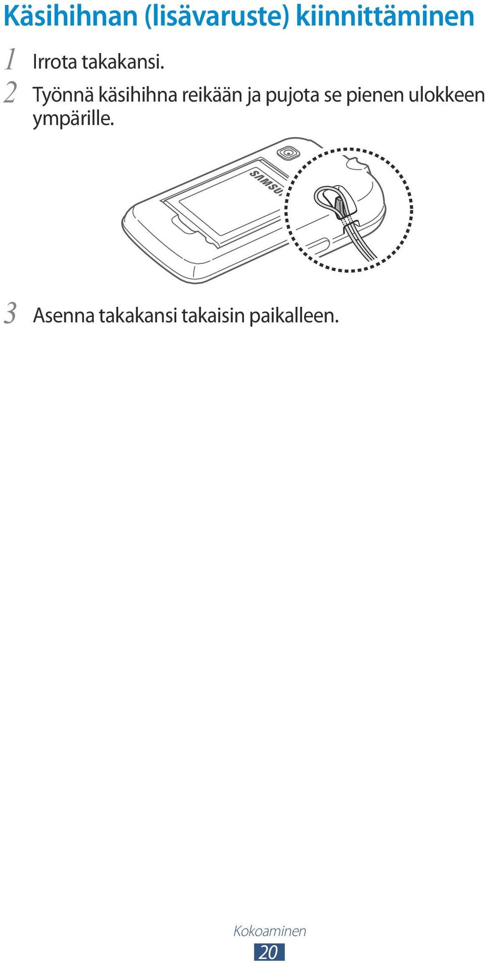 2 Työnnä käsihihna reikään ja pujota se