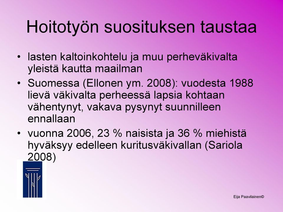 2008): vuodesta 1988 lievä väkivalta perheessä lapsia kohtaan vähentynyt, vakava