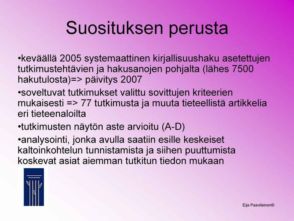 tutkimusta ja muuta tieteellistä artikkelia eri tieteenaloilta tutkimusten näytön aste arvioitu (A-D) analysointi, jonka