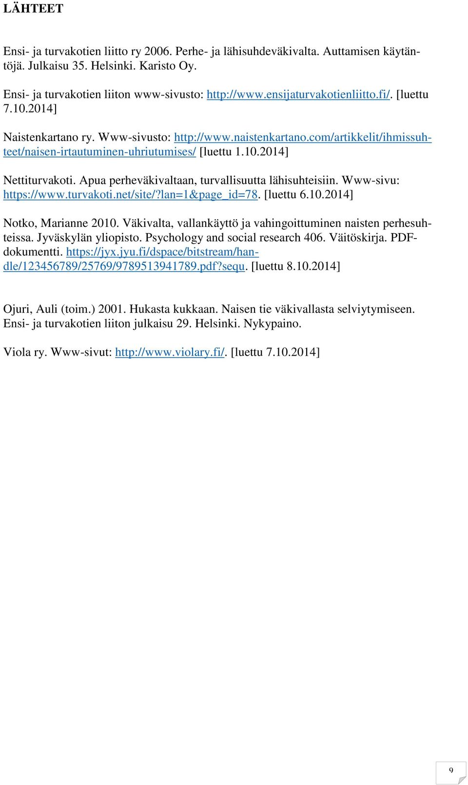 Apua perheväkivaltaan, turvallisuutta lähisuhteisiin. Www-sivu: https://www.turvakoti.net/site/?lan=1&page_id=78. [luettu 6.10.2014] Notko, Marianne 2010.