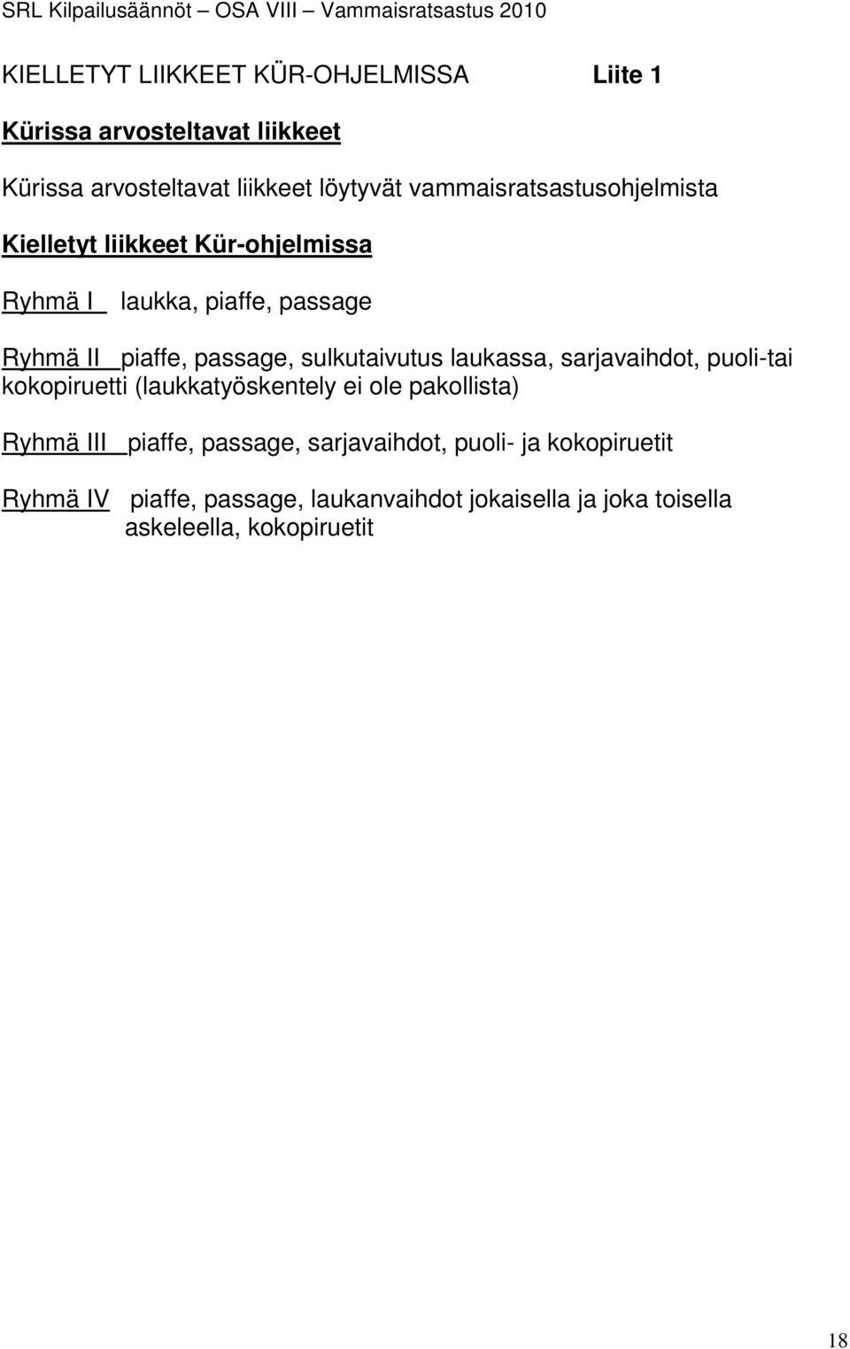 sulkutaivutus laukassa, sarjavaihdot, puoli-tai kokopiruetti (laukkatyöskentely ei ole pakollista) Ryhmä III piaffe,
