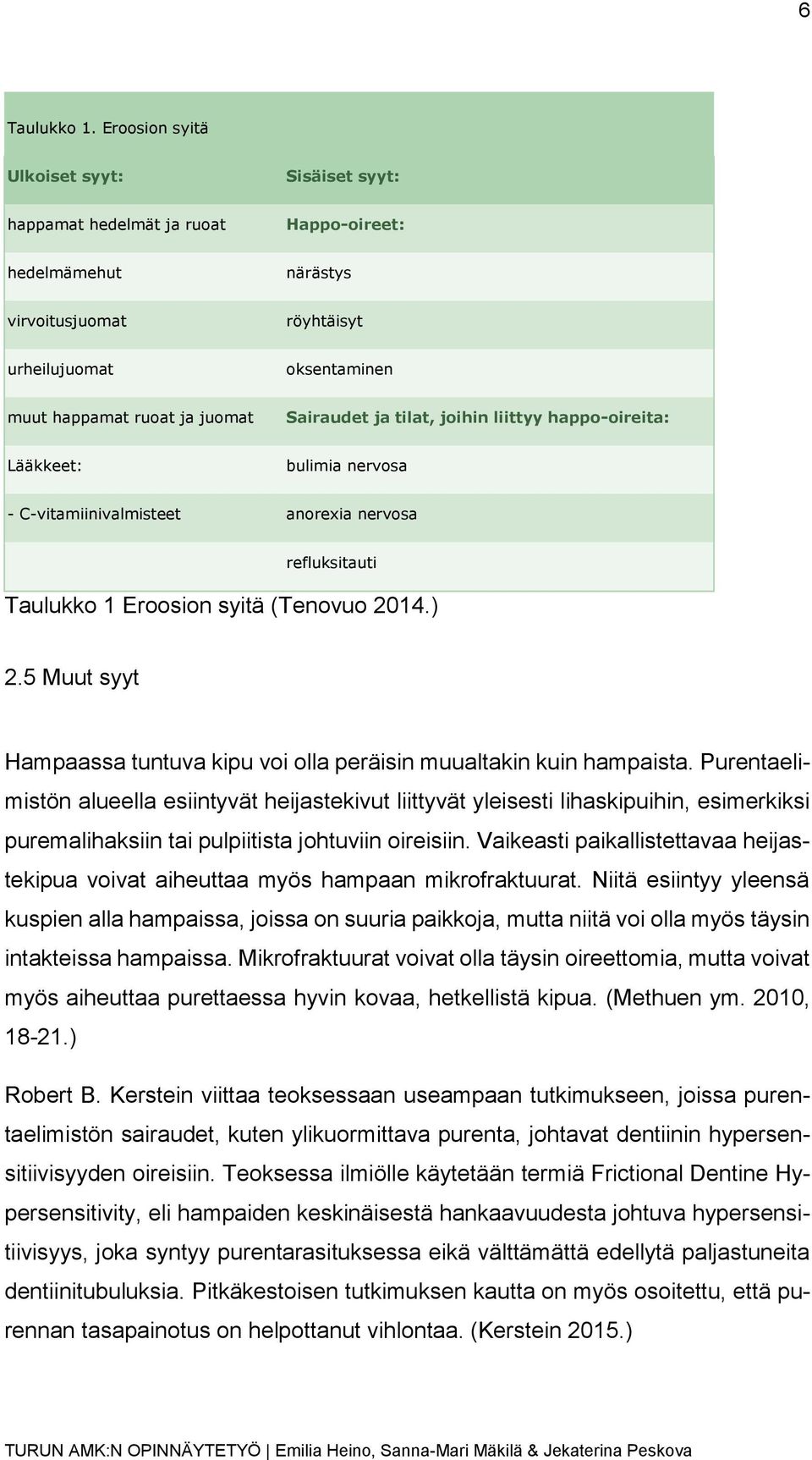 Sairaudet ja tilat, joihin liittyy happo-oireita: Lääkkeet: bulimia nervosa - C-vitamiinivalmisteet anorexia nervosa refluksitauti Taulukko 1 Eroosion syitä (Tenovuo 2014.) 2.