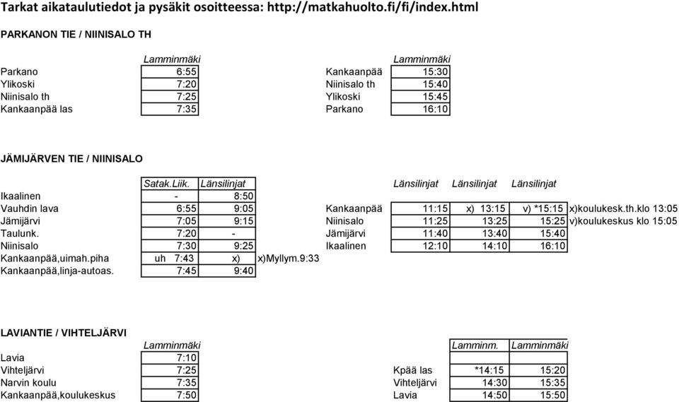 / NIINISALO Satak.Liik. Länsilinjat Länsilinjat Länsilinjat Länsilinjat Ikaalinen - 8:50 Vauhdin lava 6:55 9:05 Kankaanpää 11:15 x) 13:15 v) *15:15 x)koulukesk.th.