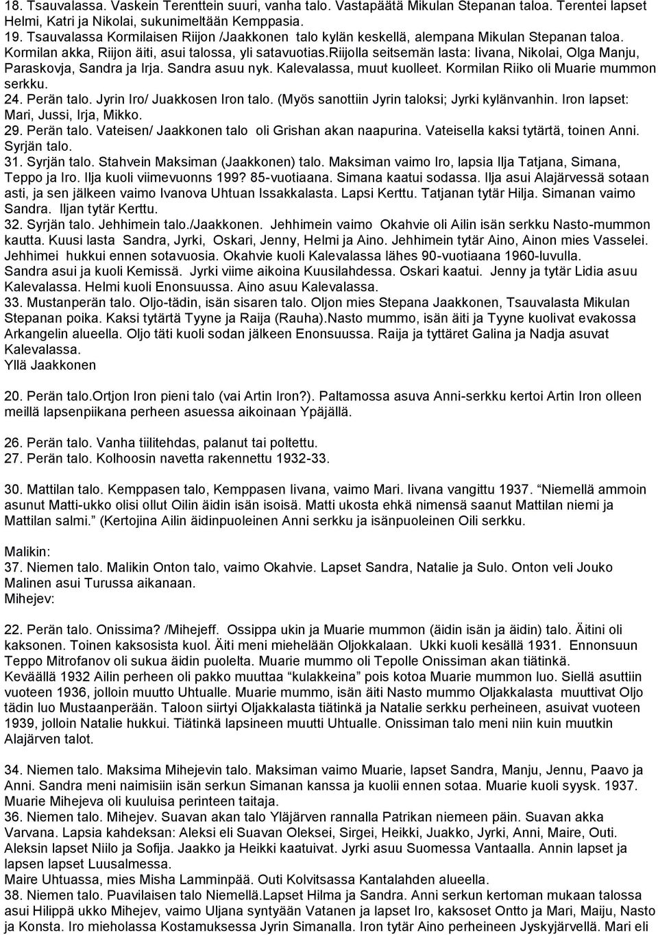 riijolla seitsemän lasta: Iivana, Nikolai, Olga Manju, Paraskovja, Sandra ja Irja. Sandra asuu nyk. Kalevalassa, muut kuolleet. Kormilan Riiko oli Muarie mummon serkku. 24. Perän talo.