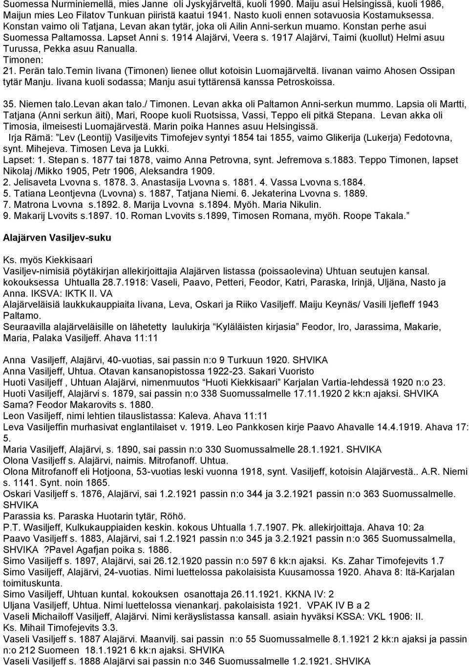 1917 Alajärvi, Taimi (kuollut) Helmi asuu Turussa, Pekka asuu Ranualla. Timonen: 21. Perän talo.temin Iivana (Timonen) lienee ollut kotoisin Luomajärveltä. Iivanan vaimo Ahosen Ossipan tytär Manju.