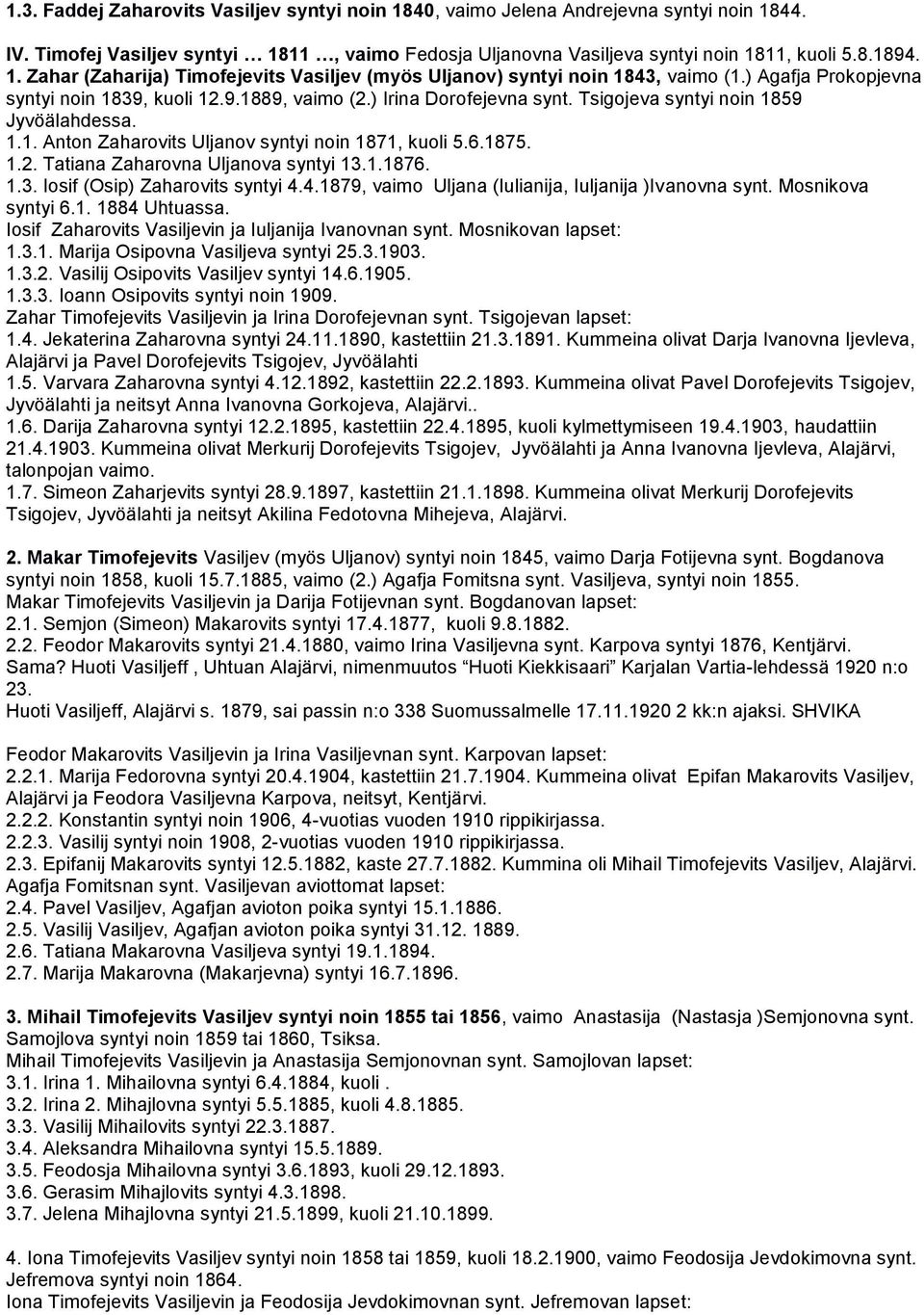 1.1876. 1.3. Iosif (Osip) Zaharovits syntyi 4.4.1879, vaimo Uljana (Iulianija, Iuljanija )Ivanovna synt. Mosnikova syntyi 6.1. 1884 Uhtuassa. Iosif Zaharovits Vasiljevin ja Iuljanija Ivanovnan synt.