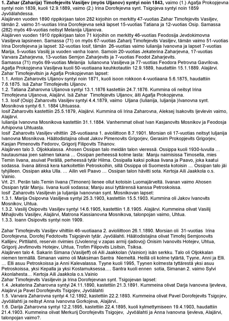 vaimo 31-vuotias Irina Dorofejevna sekä lapset 15-vuotias Tatiana ja 12-vuotias Osip. Samassa (282) myös 49-vuotias neitsyt Melanija Uljanova.