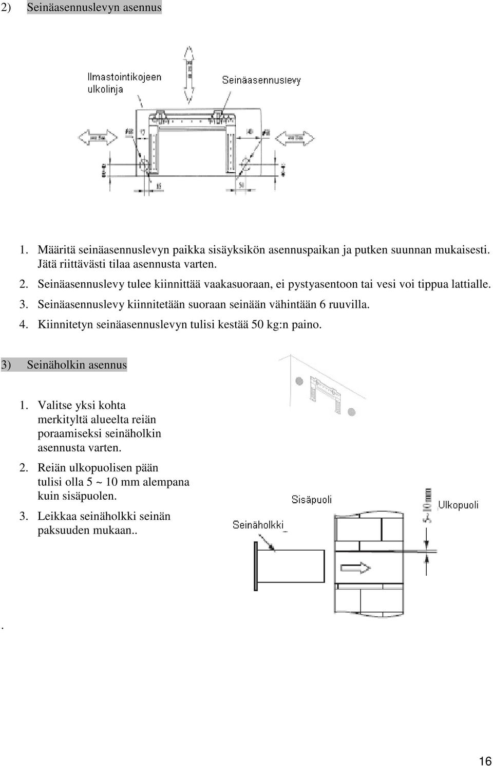 Seinäasennuslevy kiinnitetään suoraan seinään vähintään 6 ruuvilla. 4. Kiinnitetyn seinäasennuslevyn tulisi kestää 50 kg:n paino. 3) Seinäholkin asennus 1.