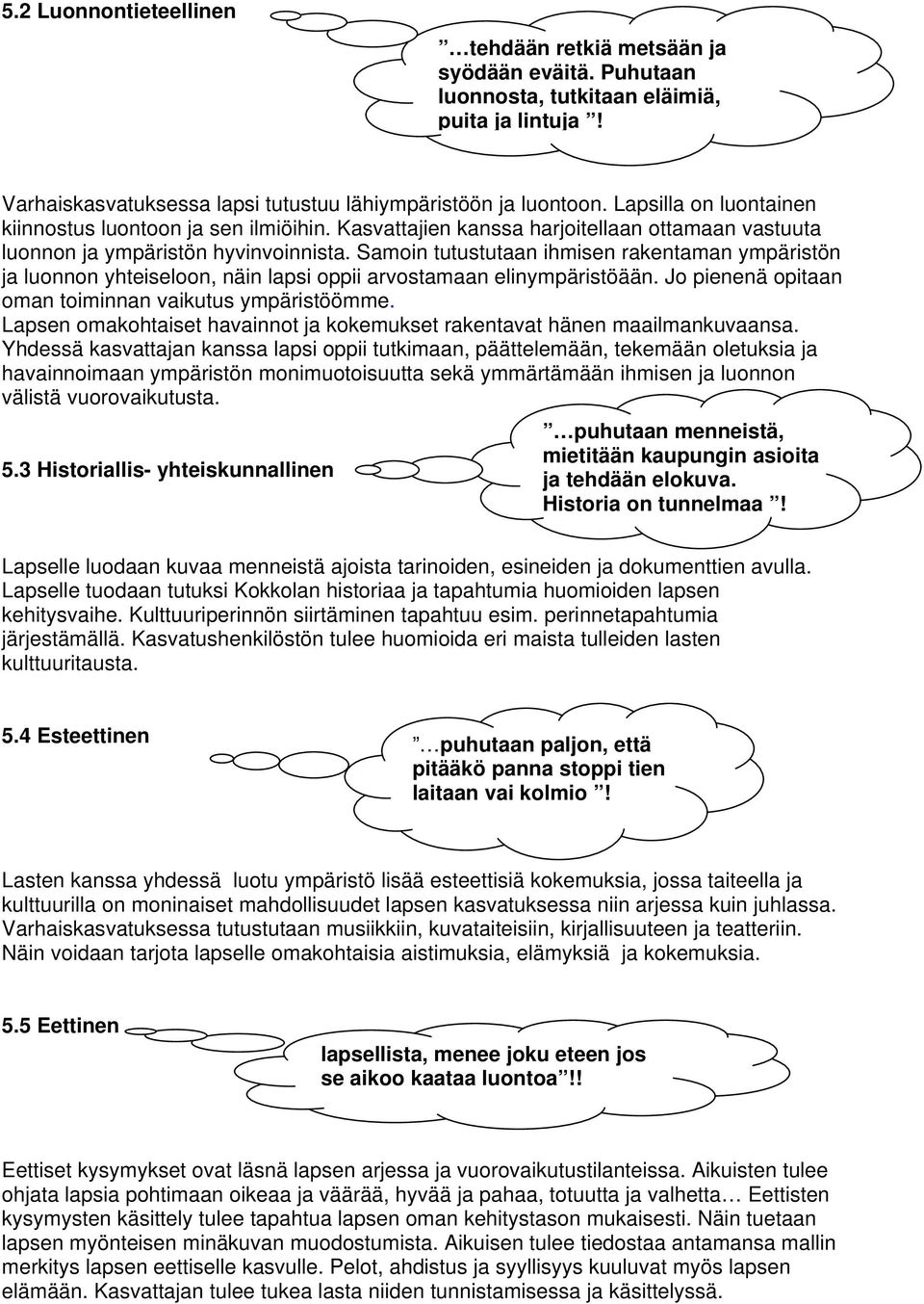 Samoin tutustutaan ihmisen rakentaman ympäristön ja luonnon yhteiseloon, näin lapsi oppii arvostamaan elinympäristöään. Jo pienenä opitaan oman toiminnan vaikutus ympäristöömme.