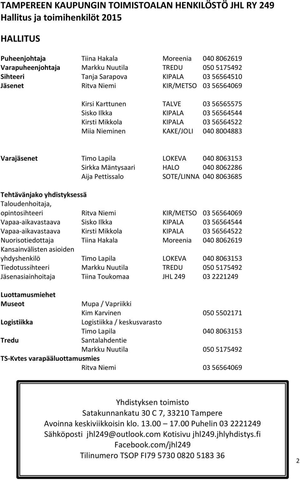 KAKE/JOLI 040 8004883 Varajäsenet Timo Lapila LOKEVA 040 8063153 Sirkka Mäntysaari HALO 040 8062286 Aija Pettissalo SOTE/LINNA 040 8063685 Tehtävänjako yhdistyksessä Taloudenhoitaja, opintosihteeri