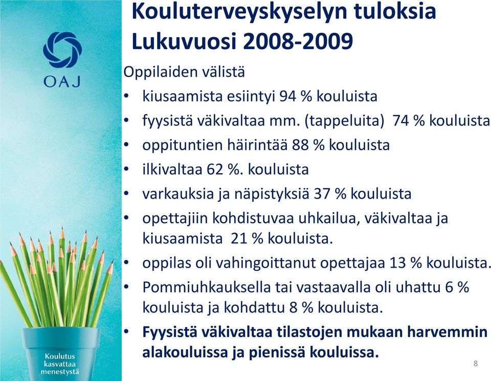 kouluista varkauksia ja näpistyksiä 37 % kouluista opettajiin kohdistuvaa uhkailua, väkivaltaa ja kiusaamista 21 % kouluista.