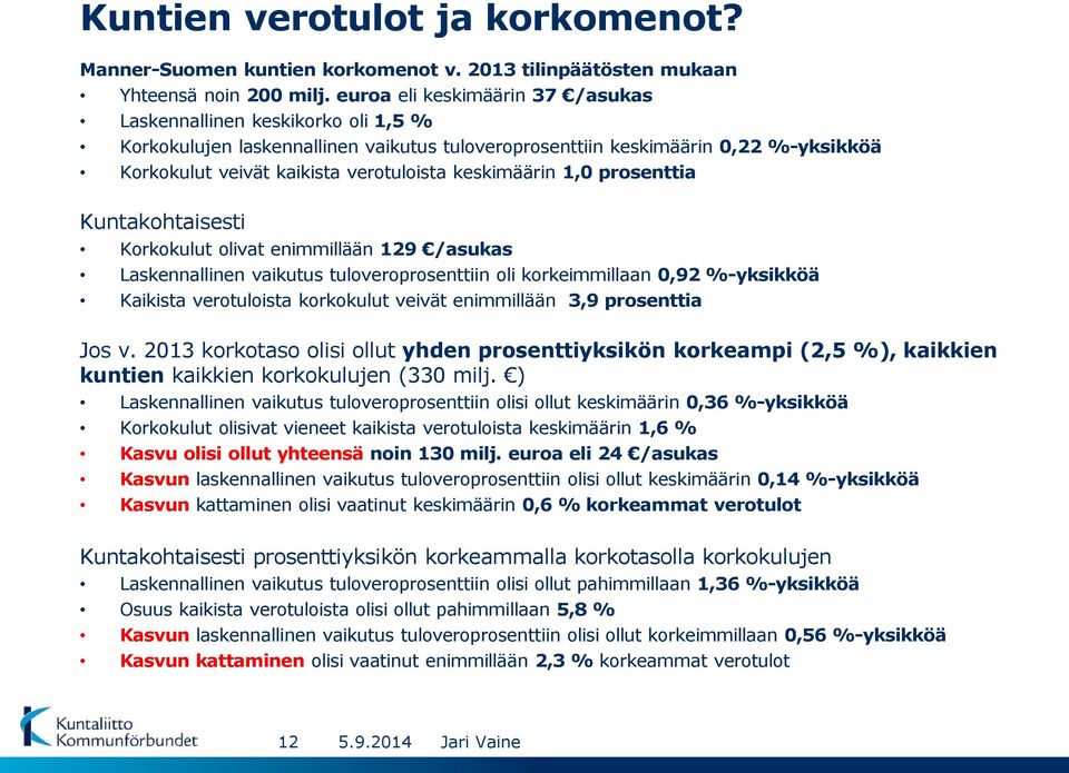 keskimäärin 1,0 prosenttia Kuntakohtaisesti Korkokulut olivat enimmillään 129 /asukas Laskennallinen vaikutus tuloveroprosenttiin oli korkeimmillaan 0,92 %-yksikköä Kaikista verotuloista korkokulut